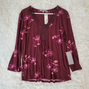 Daniel Rainn NWT Sz L Women's Floral Burgundy Blouse